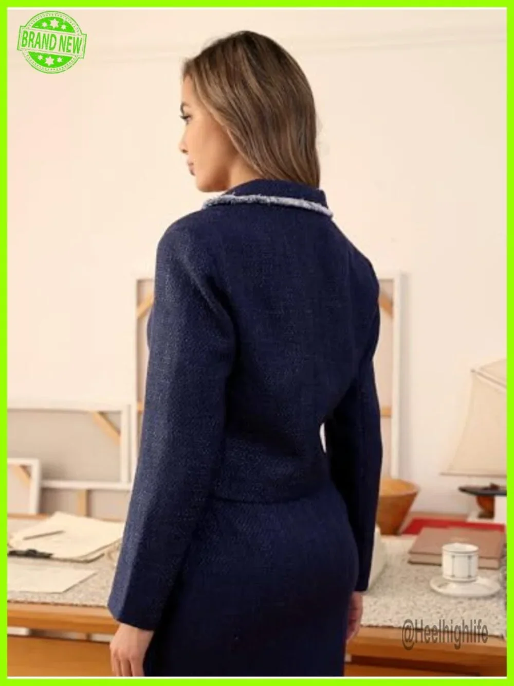 Cropped Tweed Jacket Blazer with Pockets Long Sleeve Open Front Notch Lapel